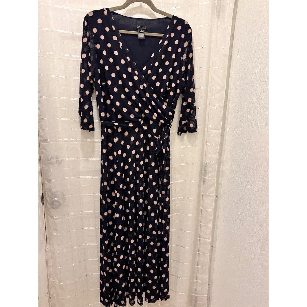 Kate and Lily Woman Navy Pink Polka Dot Faux Wrap Maxi Dress 14W Plus Size